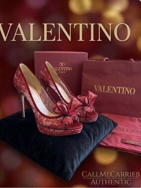 🛍️Valentino Authentic Burgundy Couture Lace Peep Toe Platform Pumps